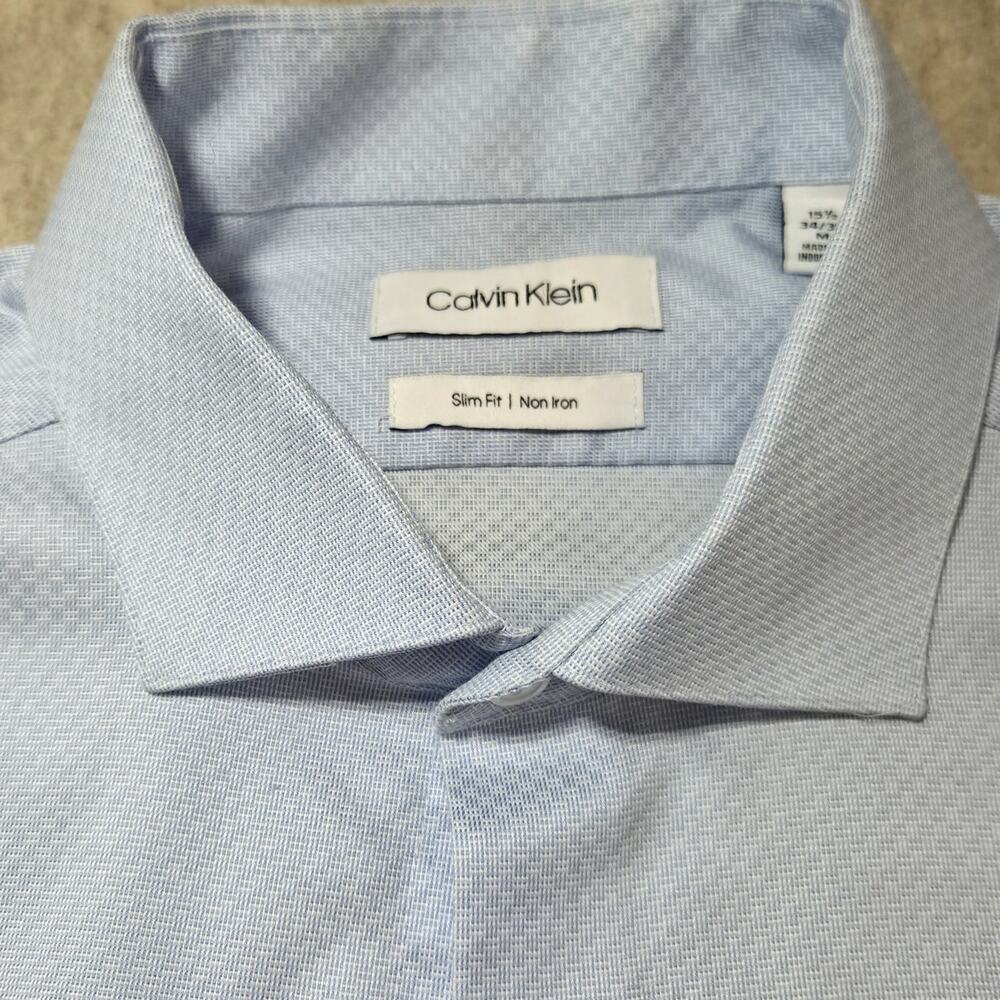 Calvin Klein Men’s Dress Shirt Slim Fit Non‑Iron Blue Pattern 15.5 34/35 M